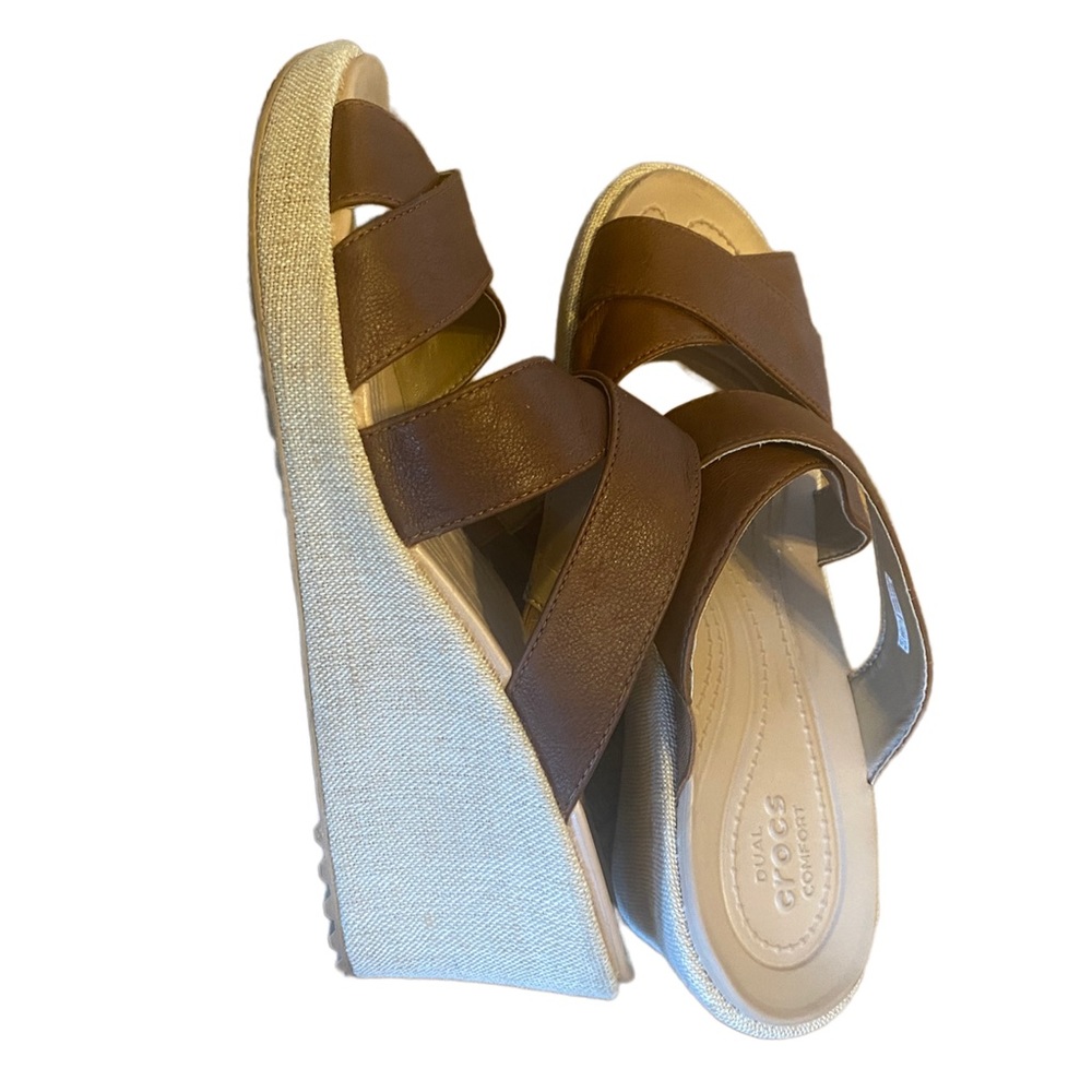 Crocs strapped wedge sandals, great condition.  Linen type lower wedge.